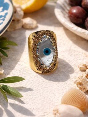 Gold-Tone Evil Eye Statement Ring with Blue Accent